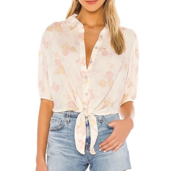 Free People Celia Ivory Floral Short Sleeve Collared Button Up Top Womens Medium - Picture 1 of 11